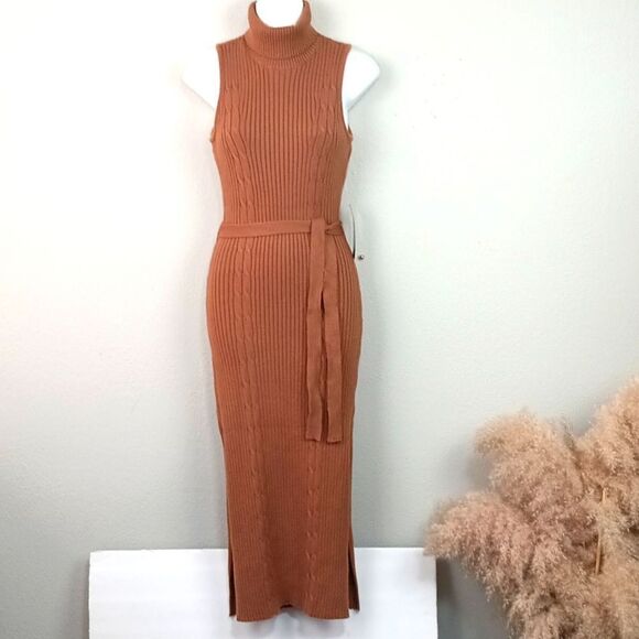 Women's BeBe tobacco brown sleeveless turtle neck cable knit midi dress sz M - Picture 3 of 13
